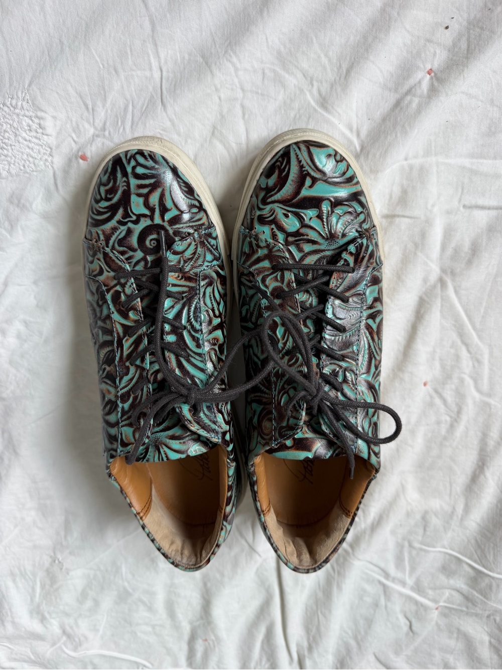 Patricia Nash Turquoise and Black Embossed Leather Sneakers